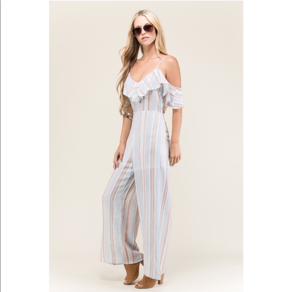 Cold Shoulder Ruffle Sleeve Striped Jumpsuit - Picture 2 of 6